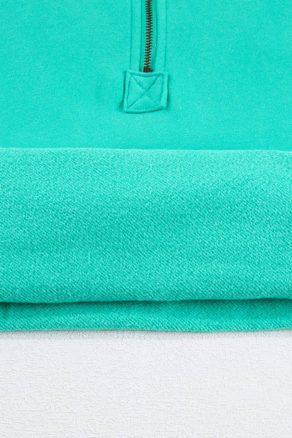 Aruba Blue Fleece Lined Half Zipper Kangaroo Pockets Loose Hoodie - BB Fashion Outlet