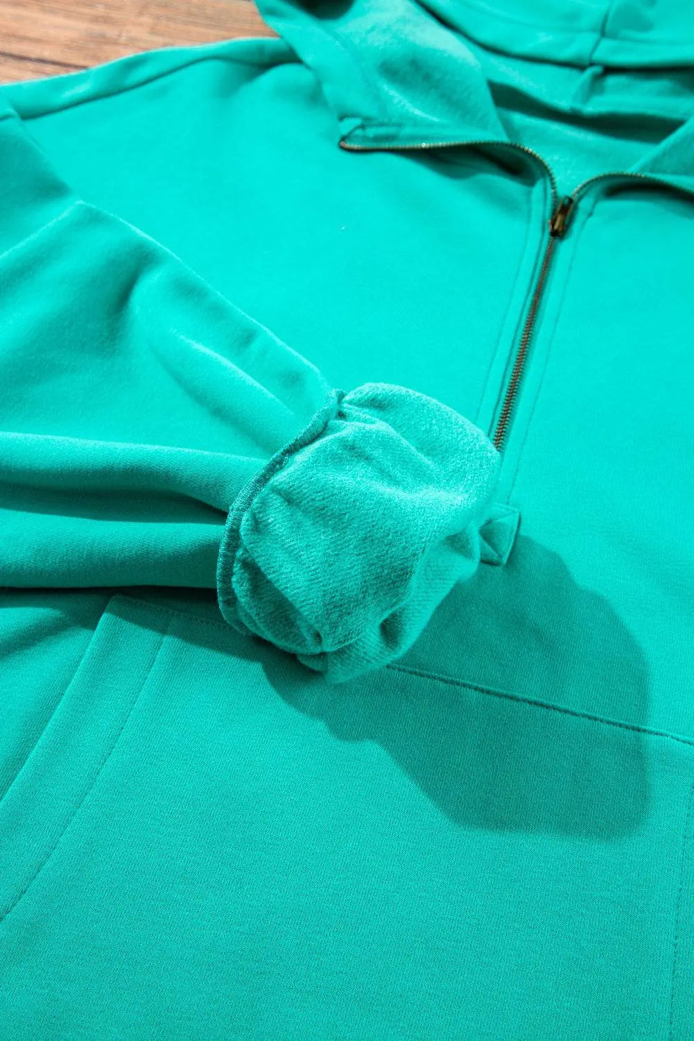 Aruba Blue Fleece Lined Half Zipper Kangaroo Pockets Loose Hoodie - BB Fashion Outlet