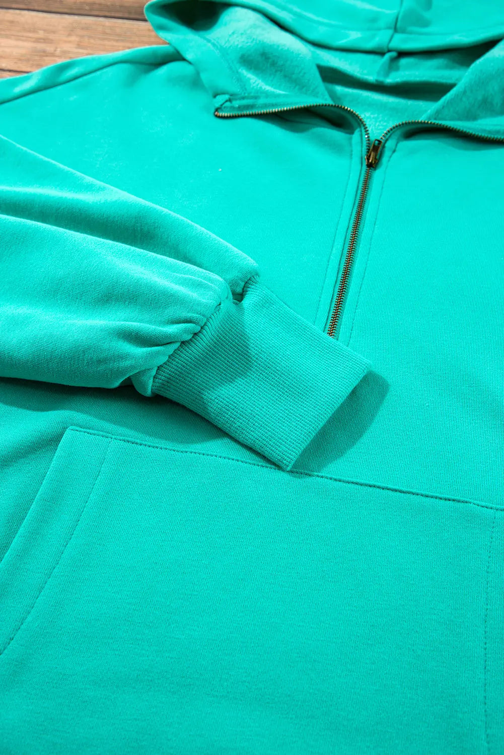 Aruba Blue Fleece Lined Half Zipper Kangaroo Pockets Loose Hoodie - BB Fashion Outlet