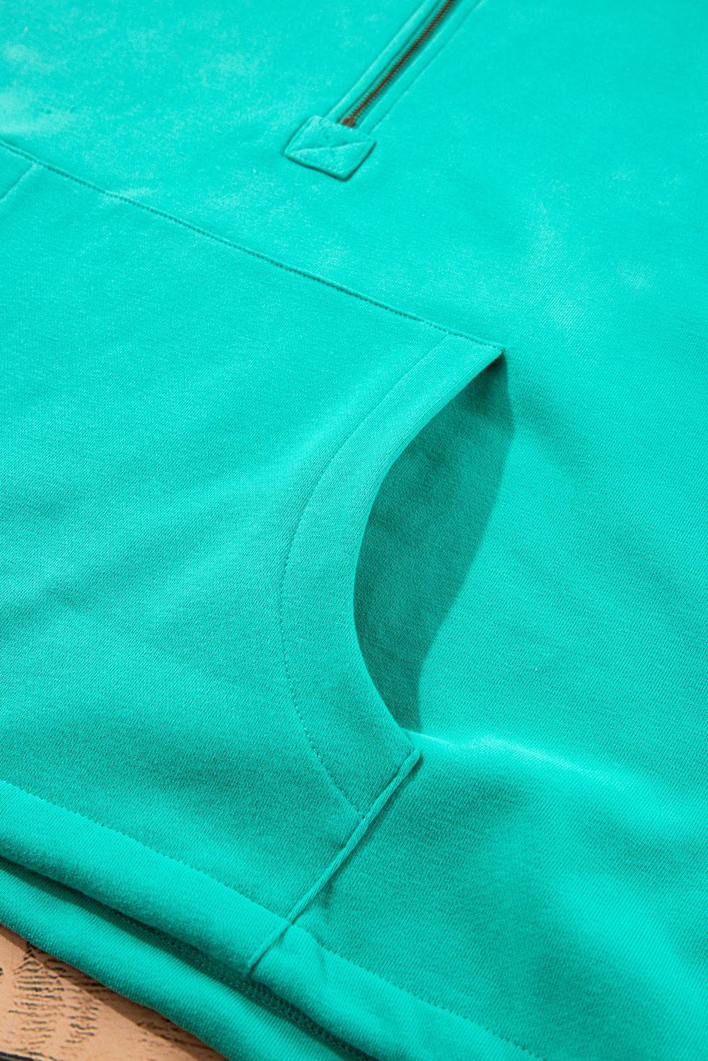 Aruba Blue Fleece Lined Half Zipper Kangaroo Pockets Loose Hoodie - BB Fashion Outlet