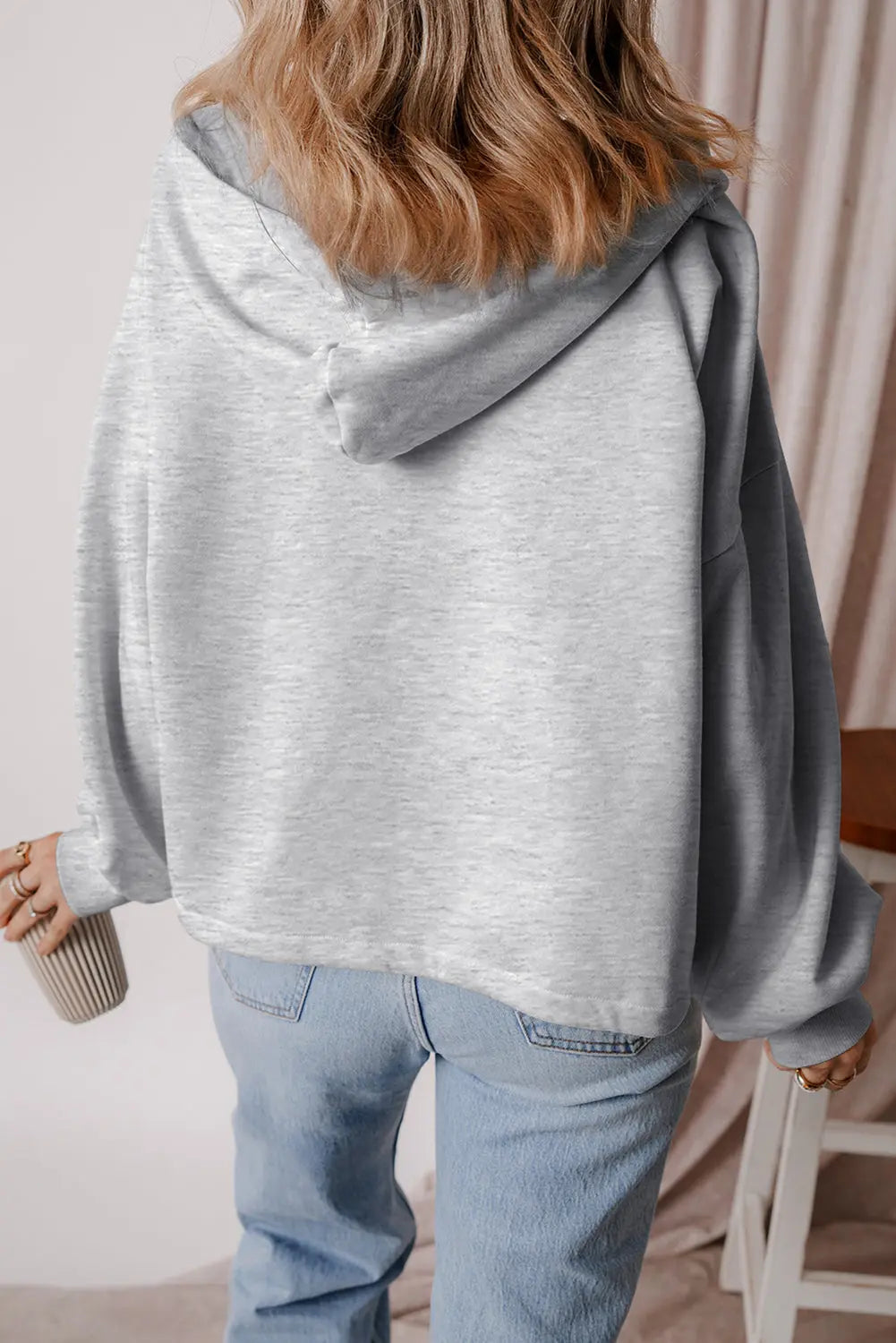 Aruba Blue Fleece Lined Half Zipper Kangaroo Pockets Loose Hoodie - BB Fashion Outlet