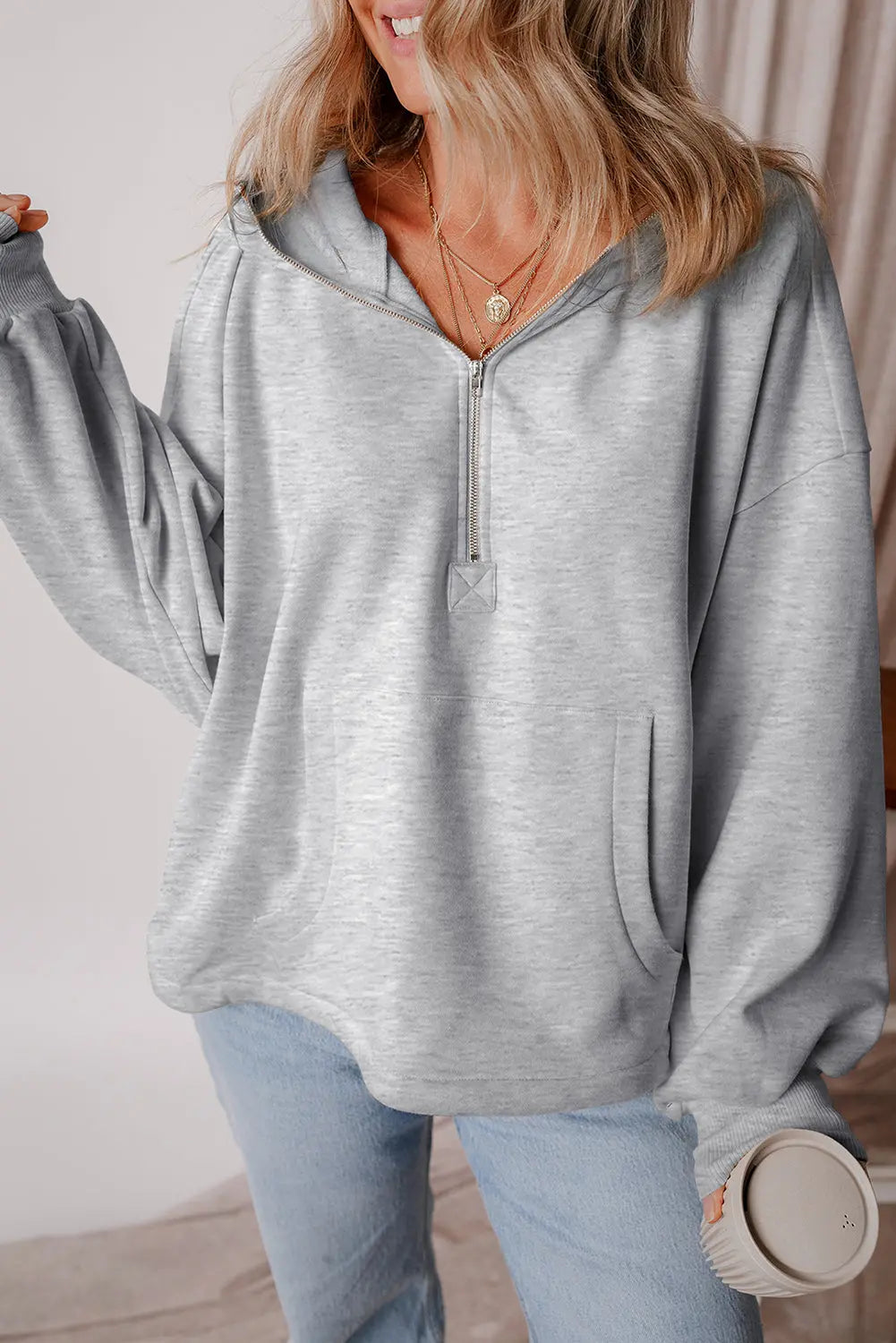 Aruba Blue Fleece Lined Half Zipper Kangaroo Pockets Loose Hoodie - BB Fashion Outlet