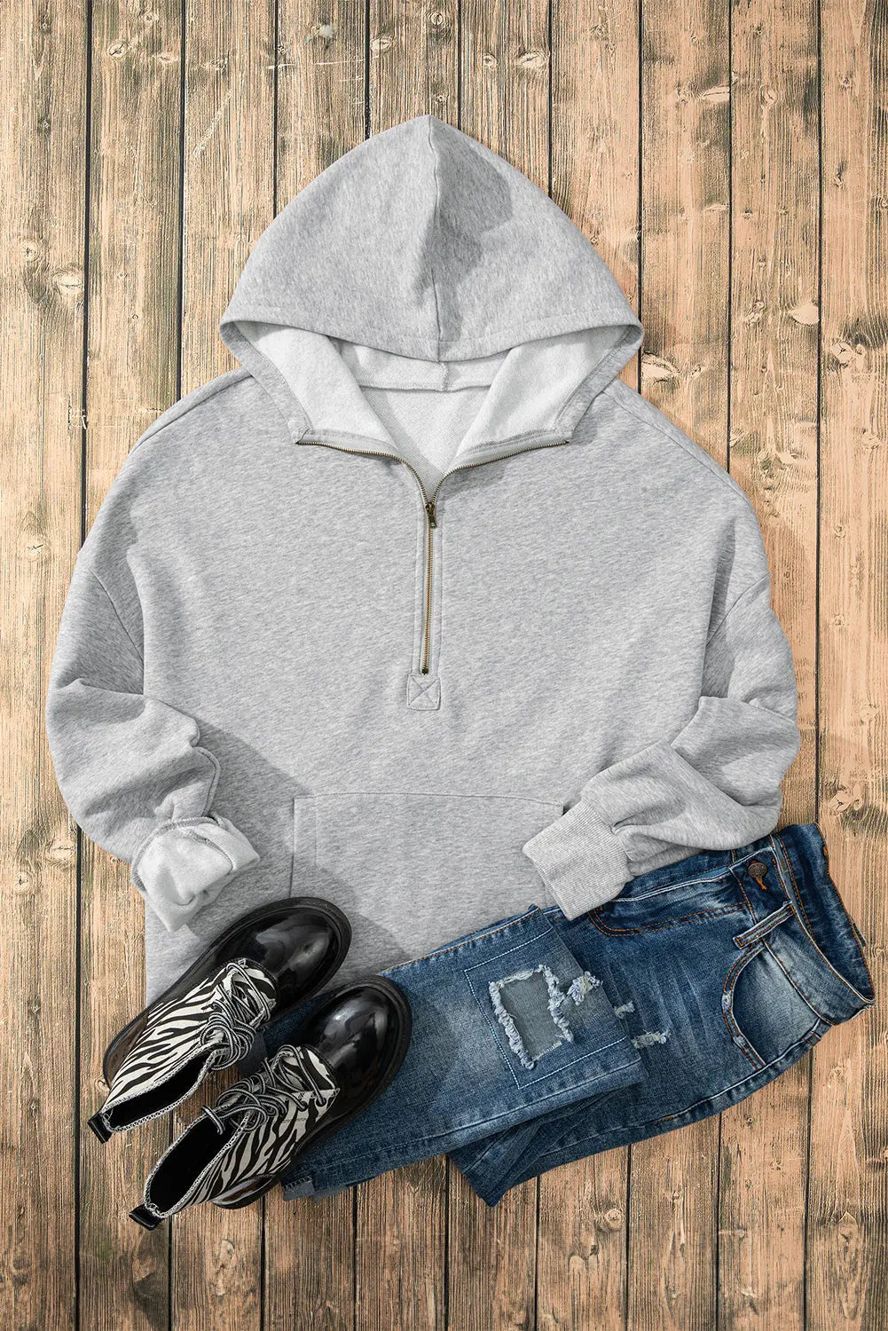 Aruba Blue Fleece Lined Half Zipper Kangaroo Pockets Loose Hoodie - BB Fashion Outlet