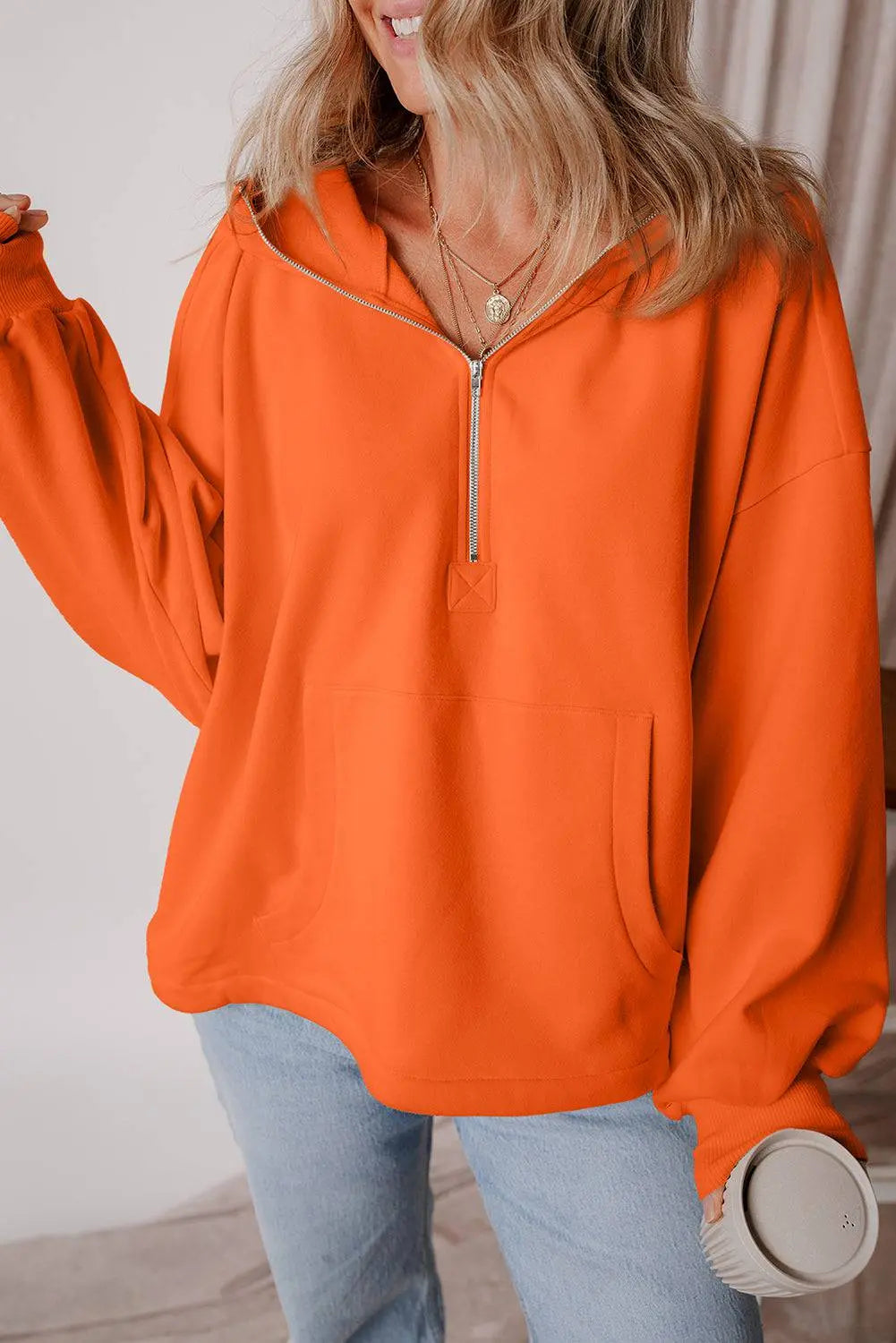Aruba Blue Fleece Lined Half Zipper Kangaroo Pockets Loose Hoodie - BB Fashion Outlet