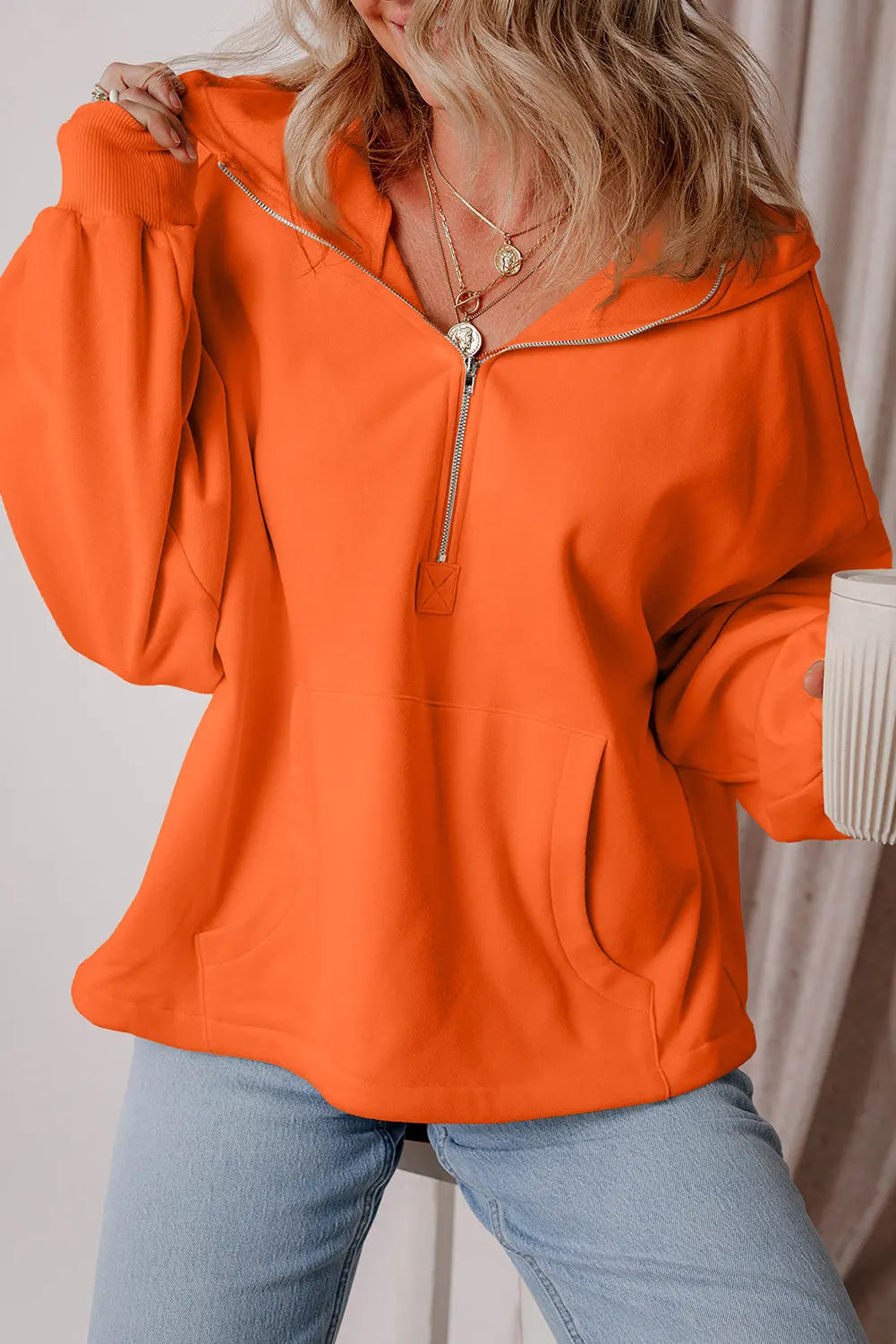Aruba Blue Fleece Lined Half Zipper Kangaroo Pockets Loose Hoodie - BB Fashion Outlet