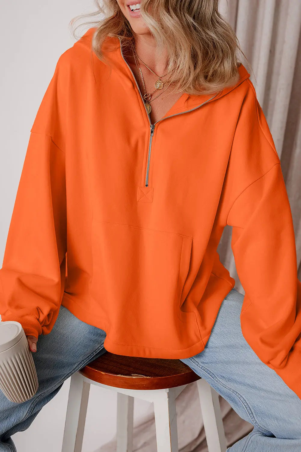 Aruba Blue Fleece Lined Half Zipper Kangaroo Pockets Loose Hoodie - BB Fashion Outlet