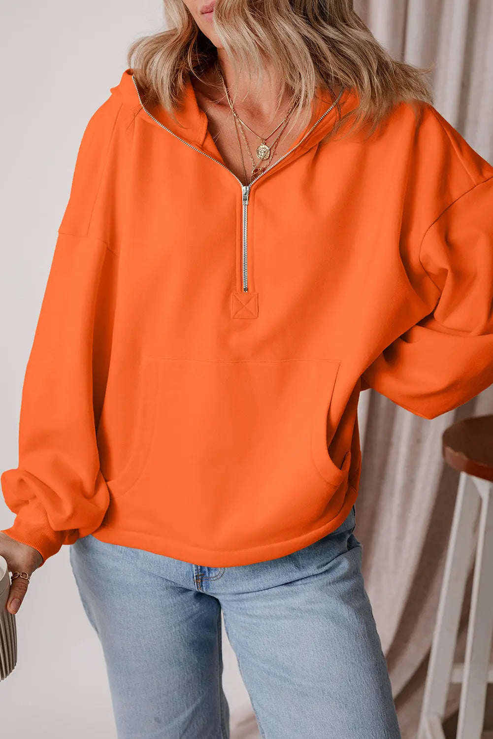 Aruba Blue Fleece Lined Half Zipper Kangaroo Pockets Loose Hoodie - BB Fashion Outlet