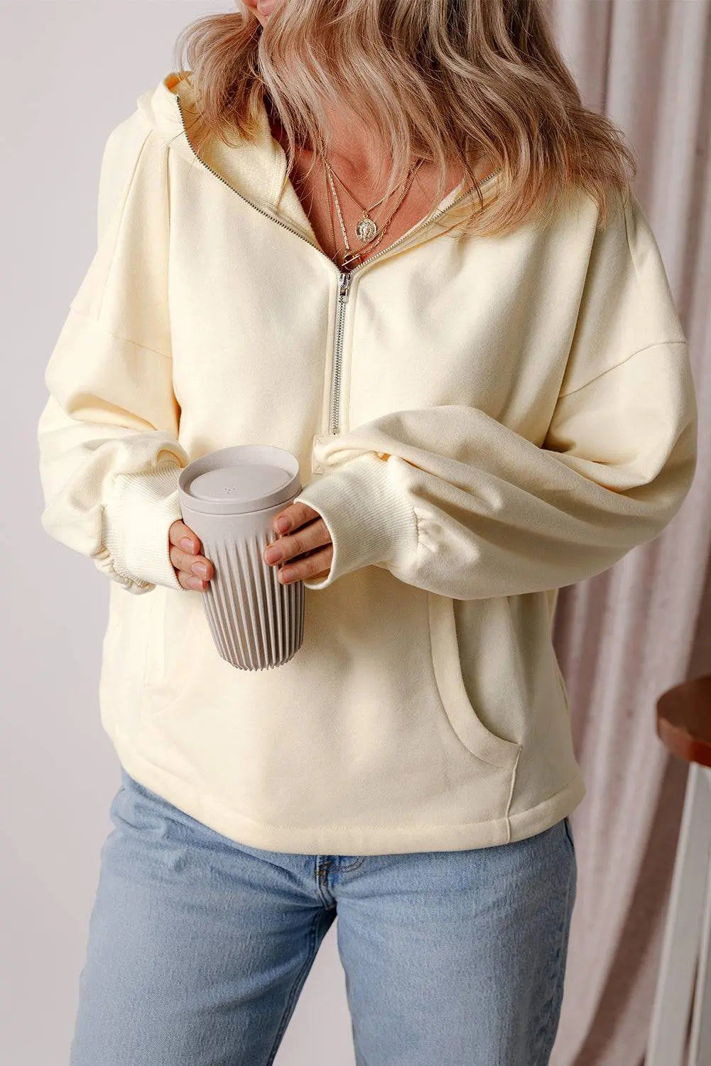 Aruba Blue Fleece Lined Half Zipper Kangaroo Pockets Loose Hoodie - BB Fashion Outlet