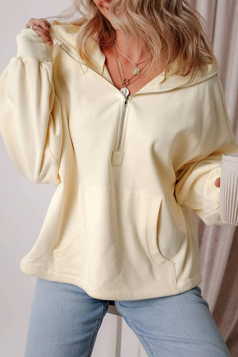 Aruba Blue Fleece Lined Half Zipper Kangaroo Pockets Loose Hoodie - BB Fashion Outlet