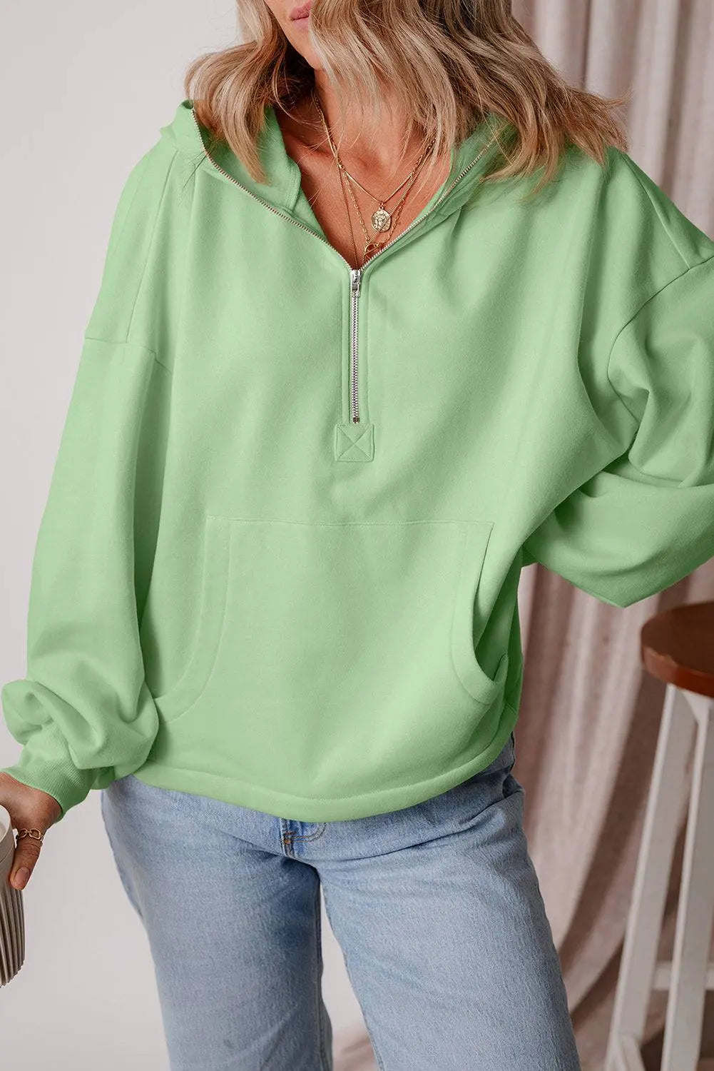 Aruba Blue Fleece Lined Half Zipper Kangaroo Pockets Loose Hoodie - BB Fashion Outlet