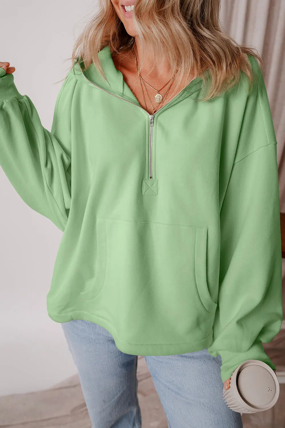 Aruba Blue Fleece Lined Half Zipper Kangaroo Pockets Loose Hoodie - BB Fashion Outlet