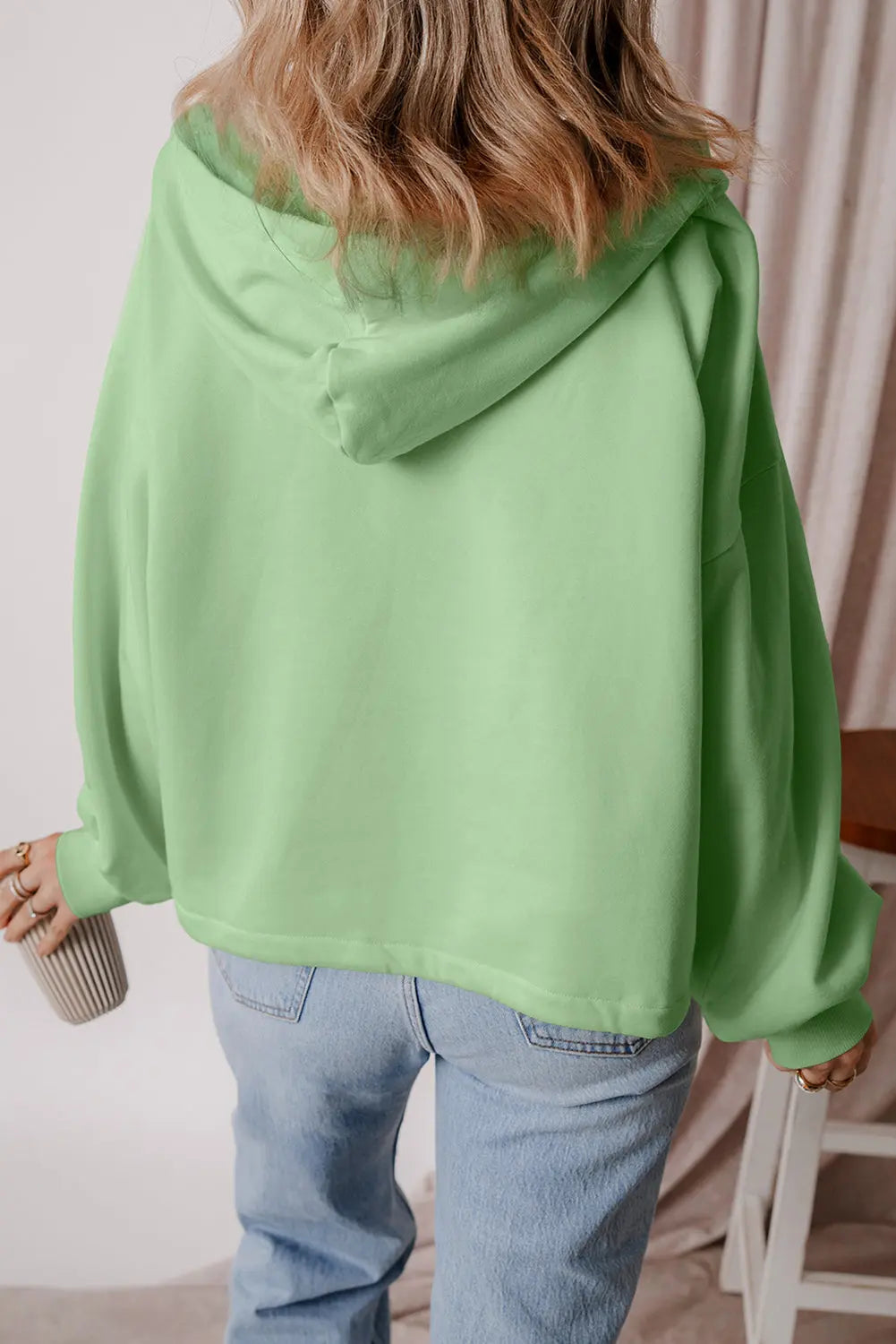 Aruba Blue Fleece Lined Half Zipper Kangaroo Pockets Loose Hoodie - BB Fashion Outlet