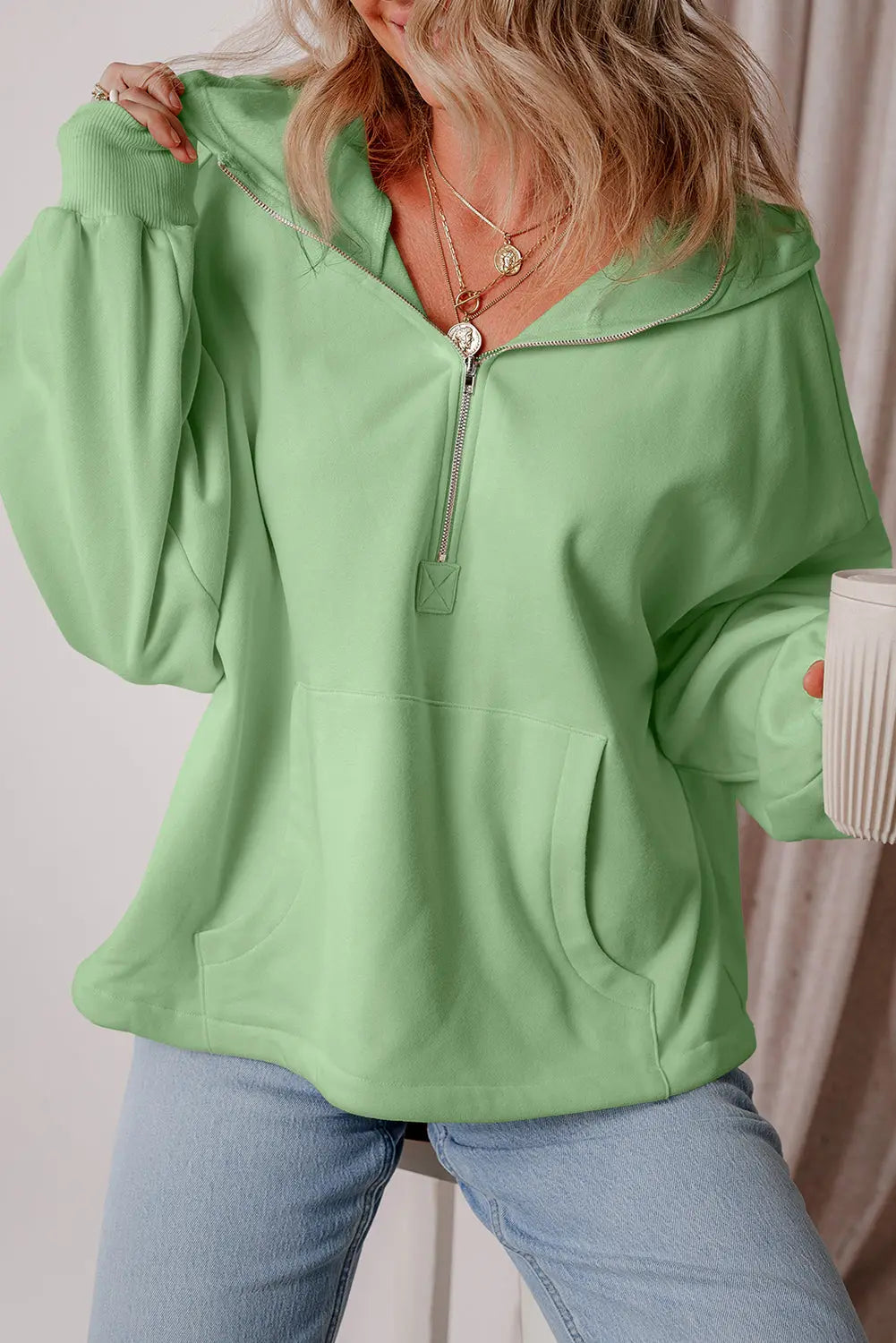 Aruba Blue Fleece Lined Half Zipper Kangaroo Pockets Loose Hoodie - BB Fashion Outlet