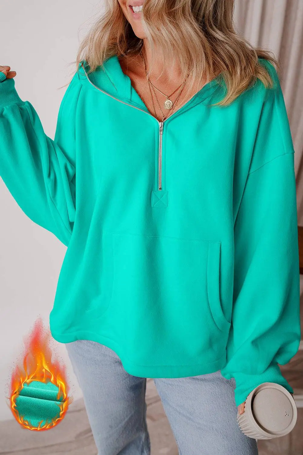 Aruba Blue Fleece Lined Half Zipper Kangaroo Pockets Loose Hoodie - BB Fashion Outlet