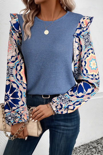 Ashleigh Blue Ruffled Floral Sleeve Patchwork Waffle Knit O Neck Blouse Beagle Boutique Fashion Outlet