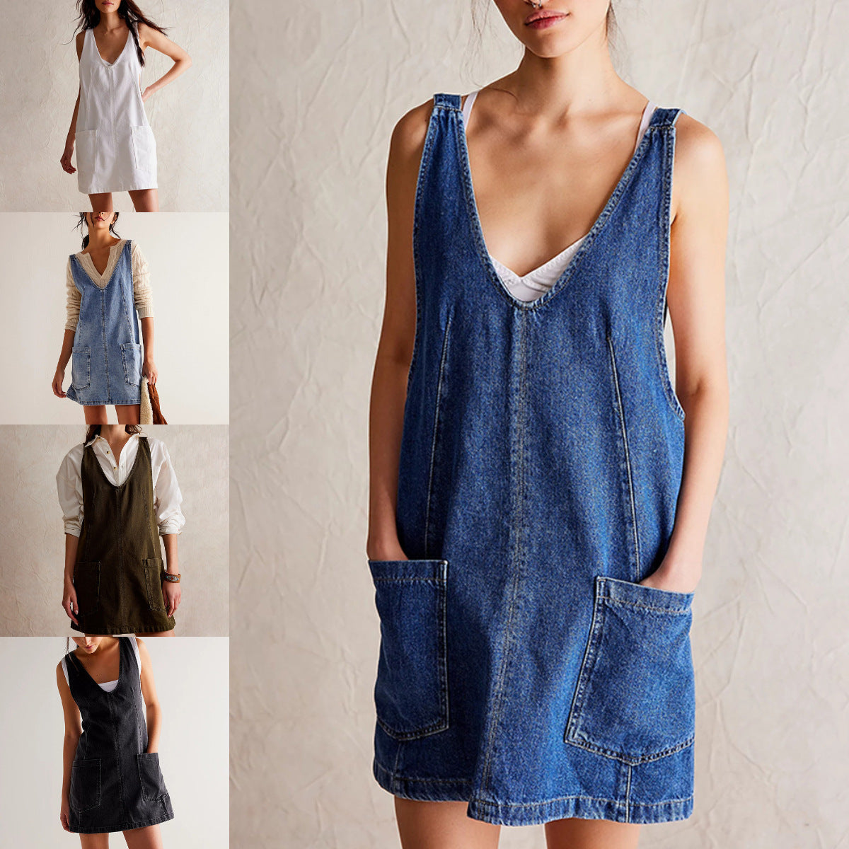 Backless Denim Dress Sleeveless Strap Pocket Pinafore