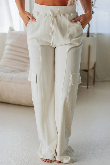 Beige Plain Cargo Pockets High Waist Casual SweatTrousers - BB Fashion Outlet