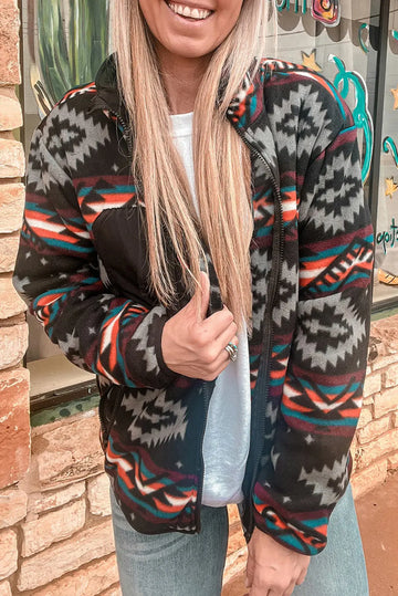 Black Aztec Printed Zip Up Collar Jacket - BB Fashion Outlet