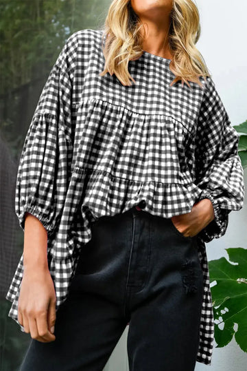 Black Checkered Puff Sleeve Tiered Loose Babydoll Blouse eAura