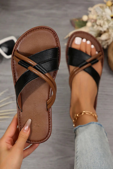 Black Criss Cross PU Leather Flat Sandals Beagle Boutique Fashion Outlet