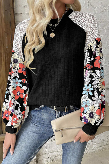 Black Floral Patchwork Long Sleeve Ribbed Blouse Beagle Boutique Fashion Outlet