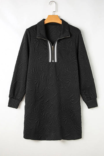 Black Jacquard Textured Quarter Zipper Shift Mini Dress Beagle Boutique Fashion Outlet