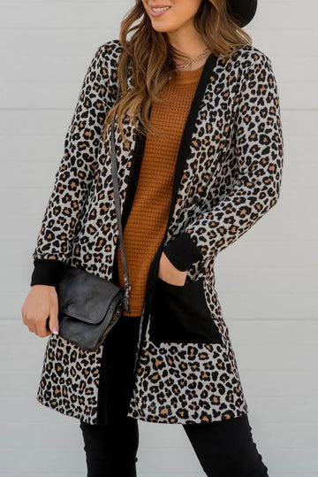 Black Leopard Patched Pocket Open Front Cardigan Beagle Boutique Fashion Outlet