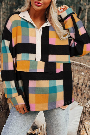 Black Plaid Print Pocketed Half Button Collared Sweatshirt Beagle Boutique Fashion Outlet