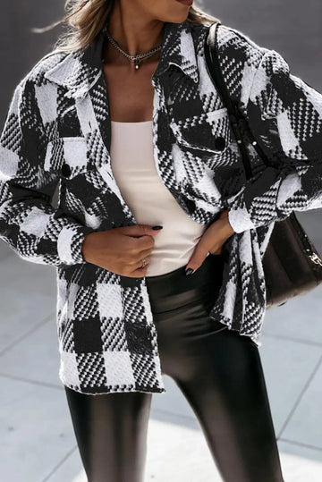 Black Plaid Textured Flap Pocket Shacket eAura