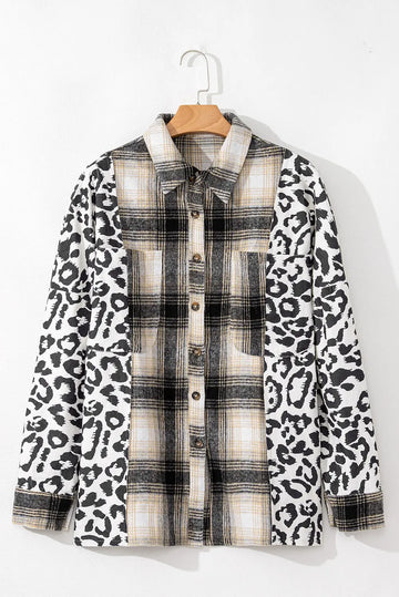 Black Plus Size Plaid Leopard Printed Patchwork Button Up Shacket Beagle Boutique Fashion Outlet