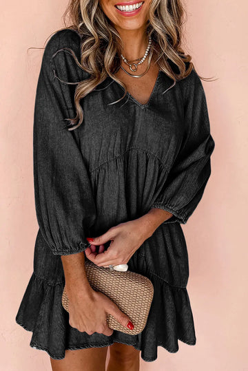 Black Puff Sleeve V Neck Tiered Ruffled Chambray Mini Dress Beagle Boutique Fashion Outlet