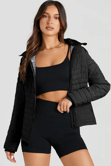 Black Solid Colour Quilted Zip-up Puffer Jacket - BB Fashion Outlet