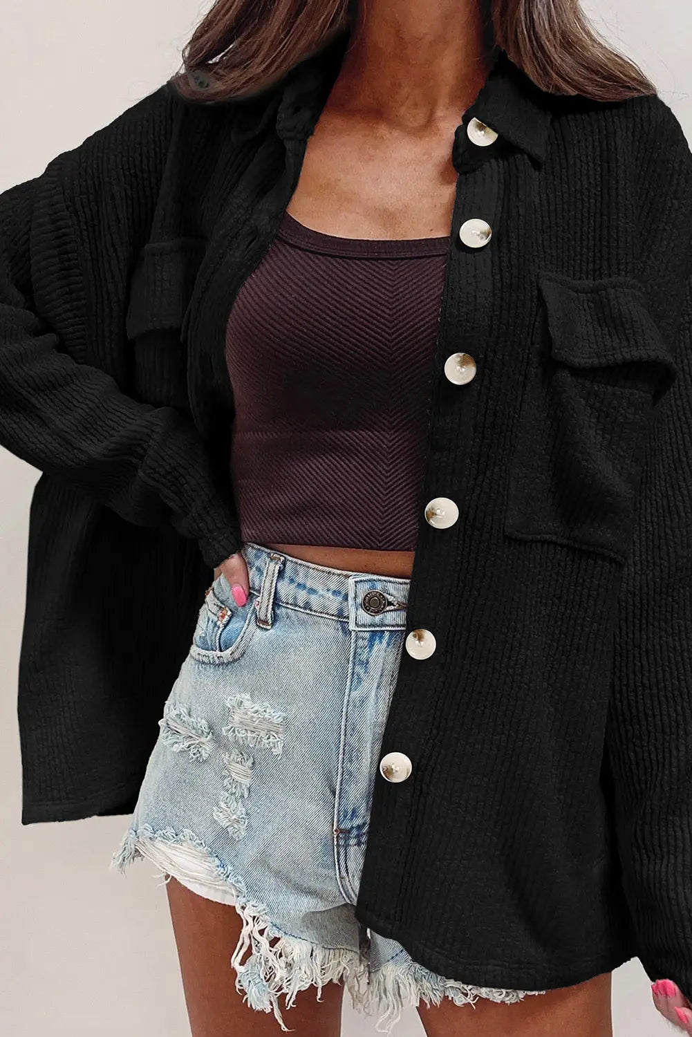 Black Solid Colour Corduroy Buttoned Long Sleeve Shacket Beagle Boutique Fashion Outlet