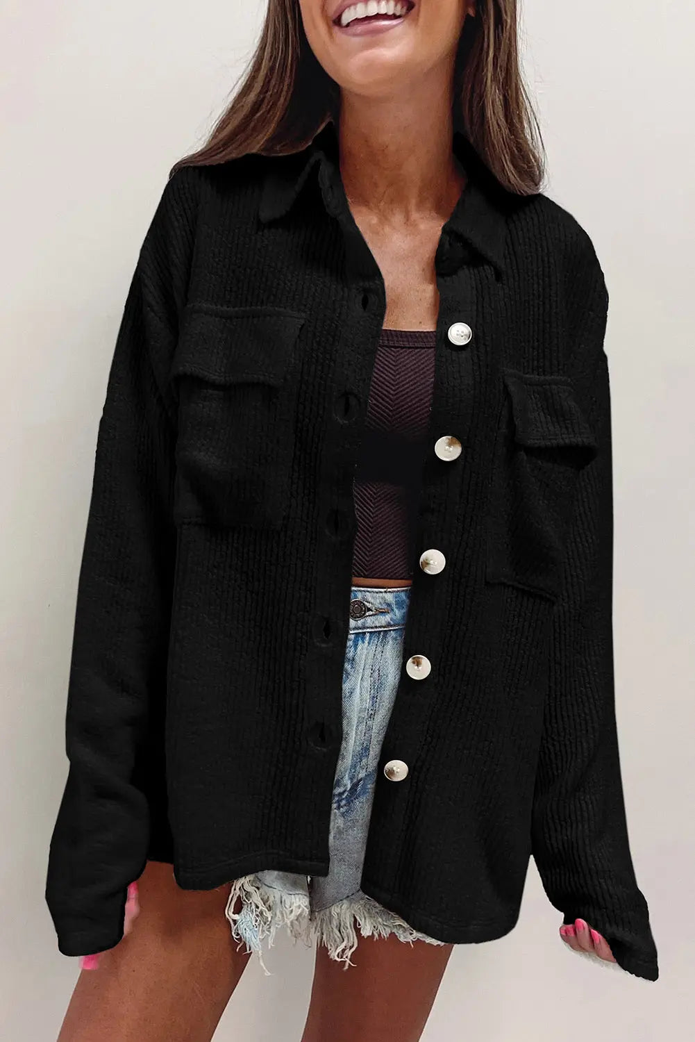 Black Solid Colour Corduroy Buttoned Long Sleeve Shacket Beagle Boutique Fashion Outlet