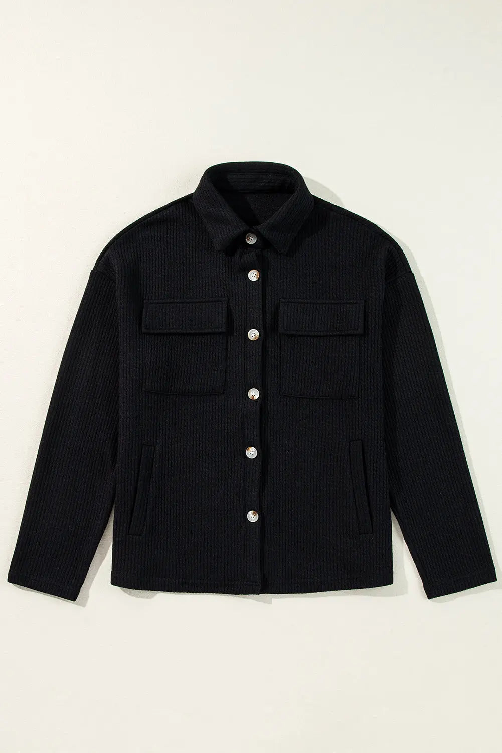 Black Solid Colour Corduroy Buttoned Long Sleeve Shacket Beagle Boutique Fashion Outlet