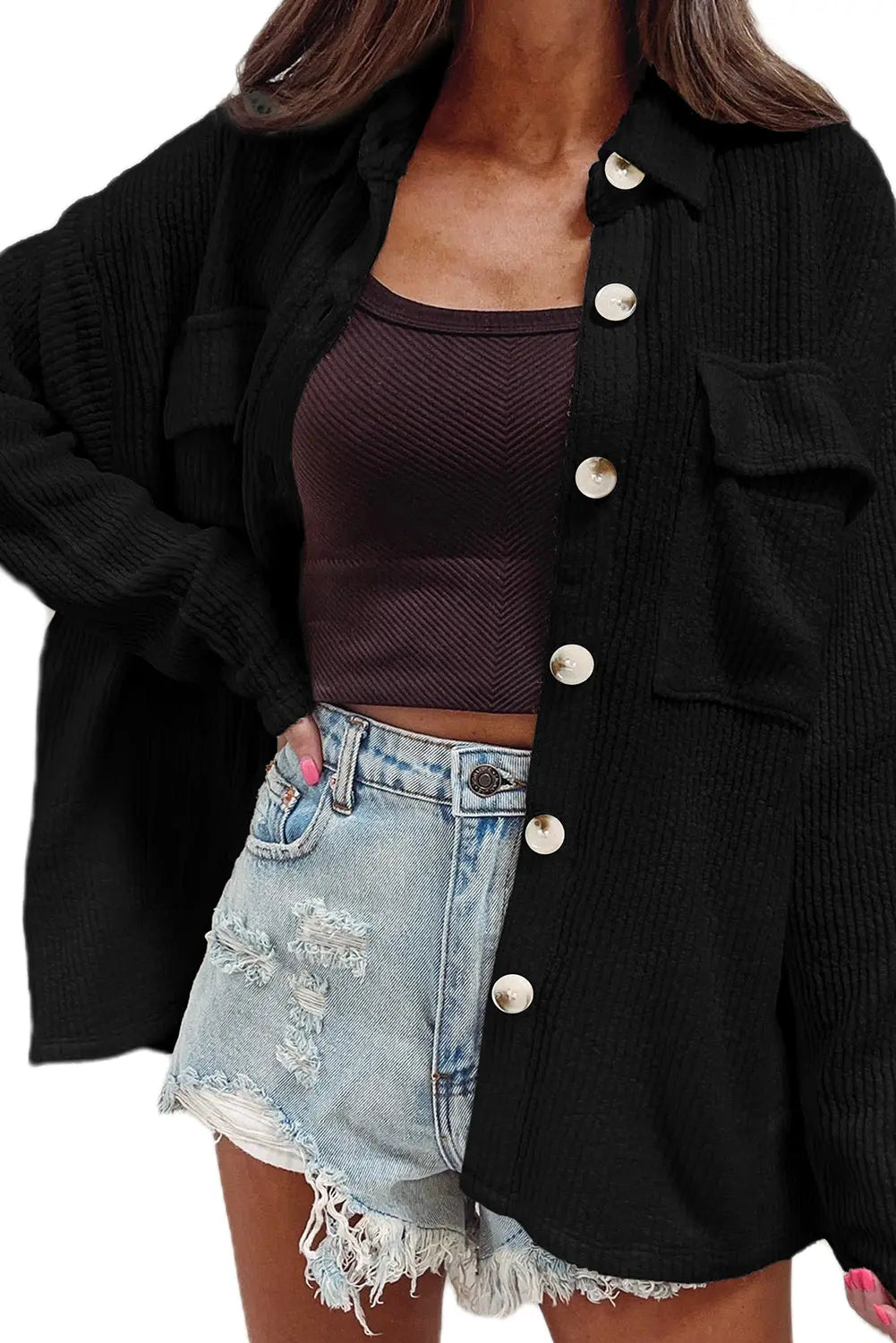 Black Solid Colour Corduroy Buttoned Long Sleeve Shacket Beagle Boutique Fashion Outlet