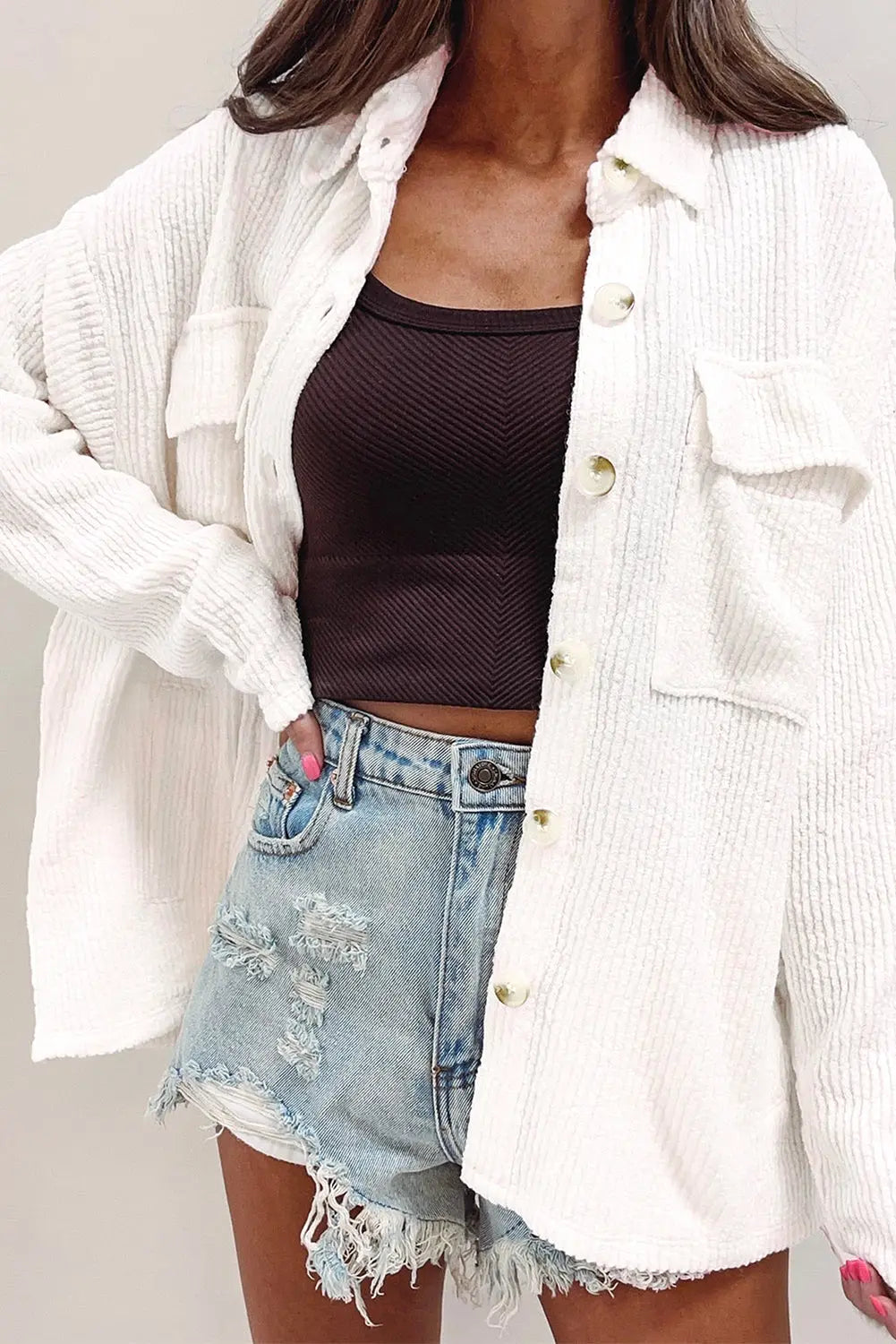 Black Solid Colour Corduroy Buttoned Long Sleeve Shacket Beagle Boutique Fashion Outlet