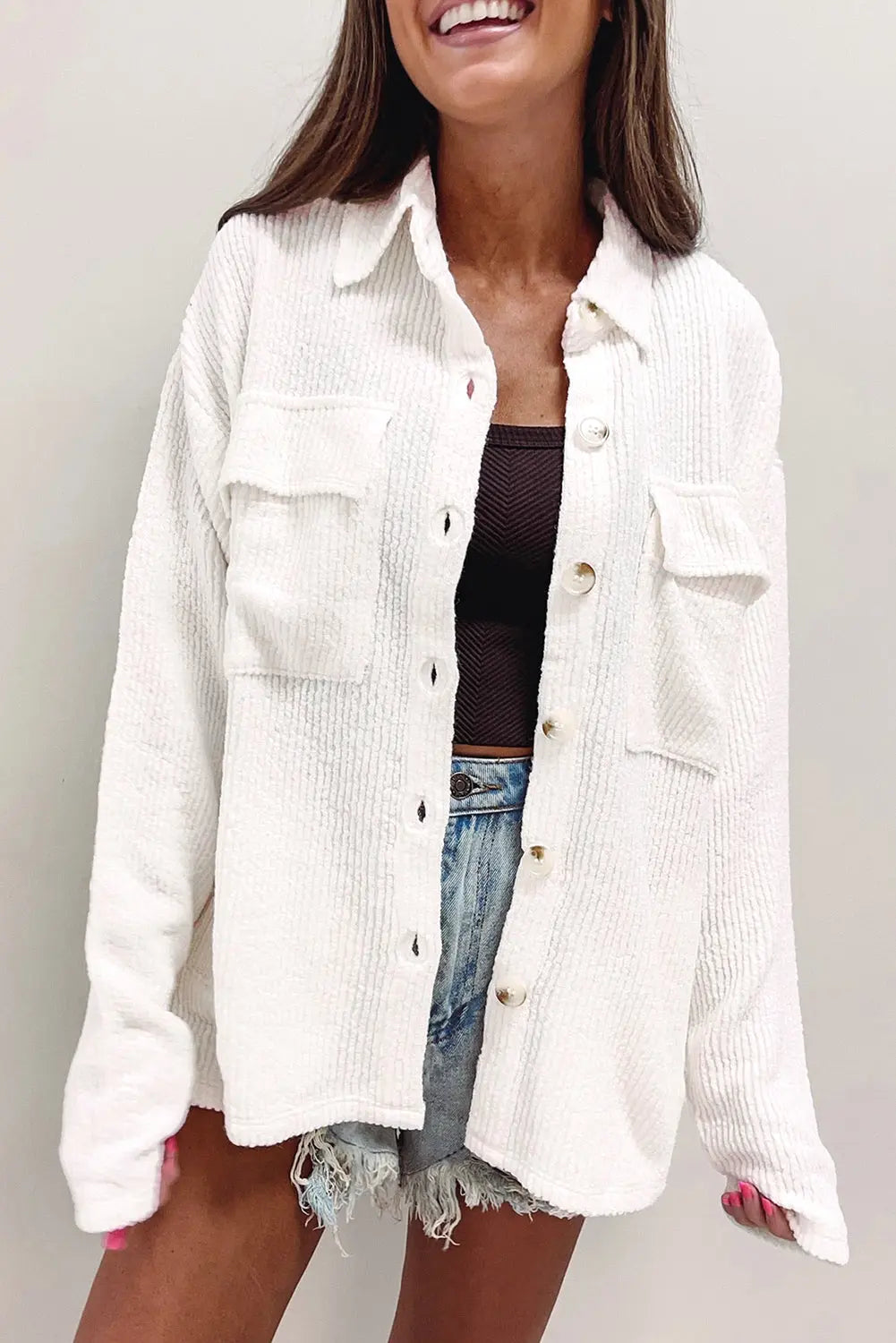 Black Solid Colour Corduroy Buttoned Long Sleeve Shacket Beagle Boutique Fashion Outlet