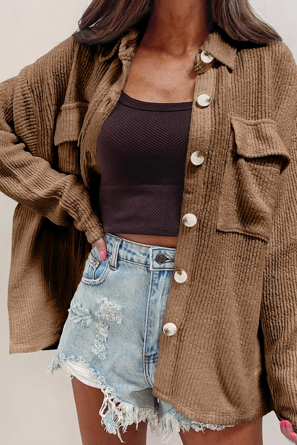 Black Solid Colour Corduroy Buttoned Long Sleeve Shacket Beagle Boutique Fashion Outlet