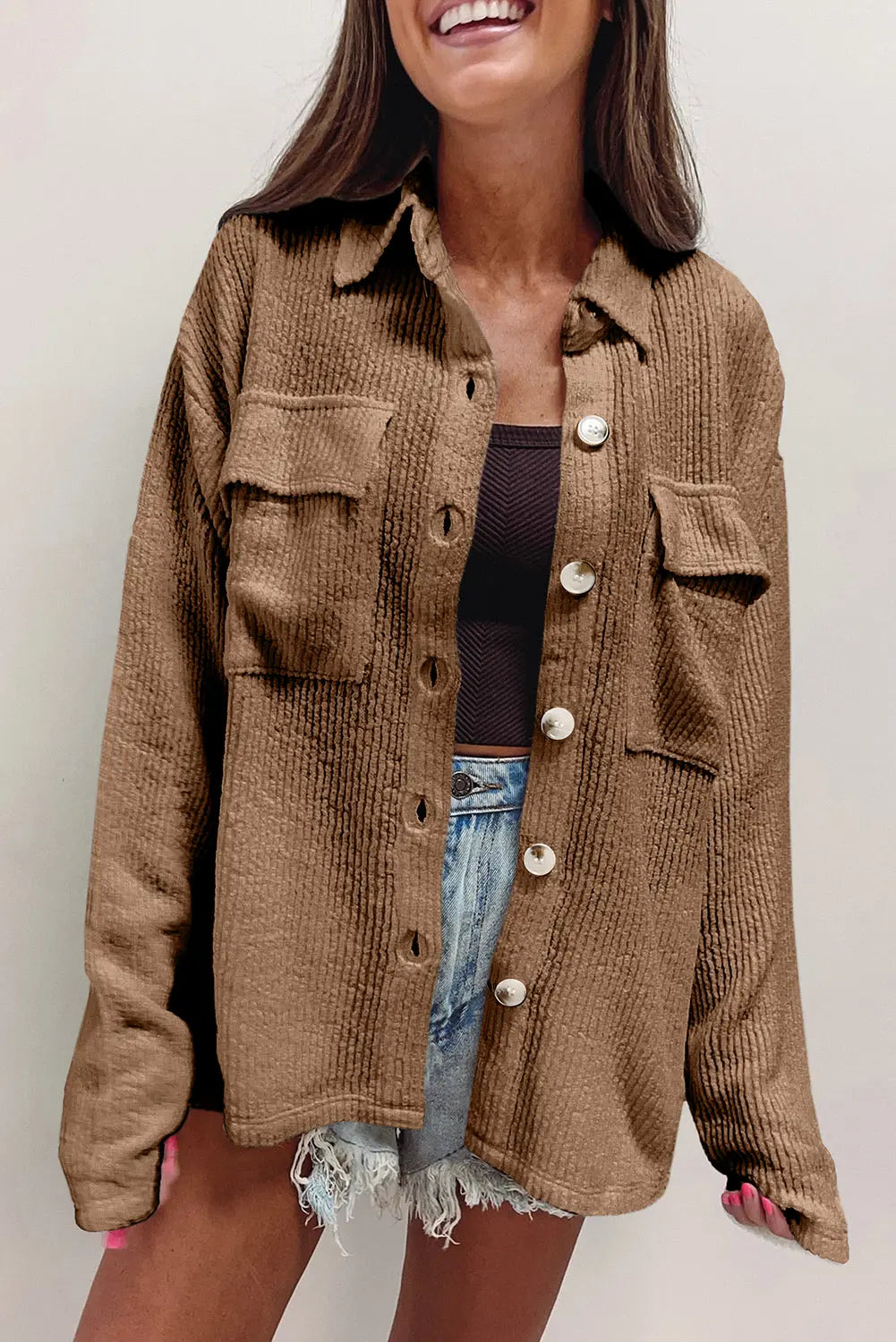 Black Solid Colour Corduroy Buttoned Long Sleeve Shacket Beagle Boutique Fashion Outlet