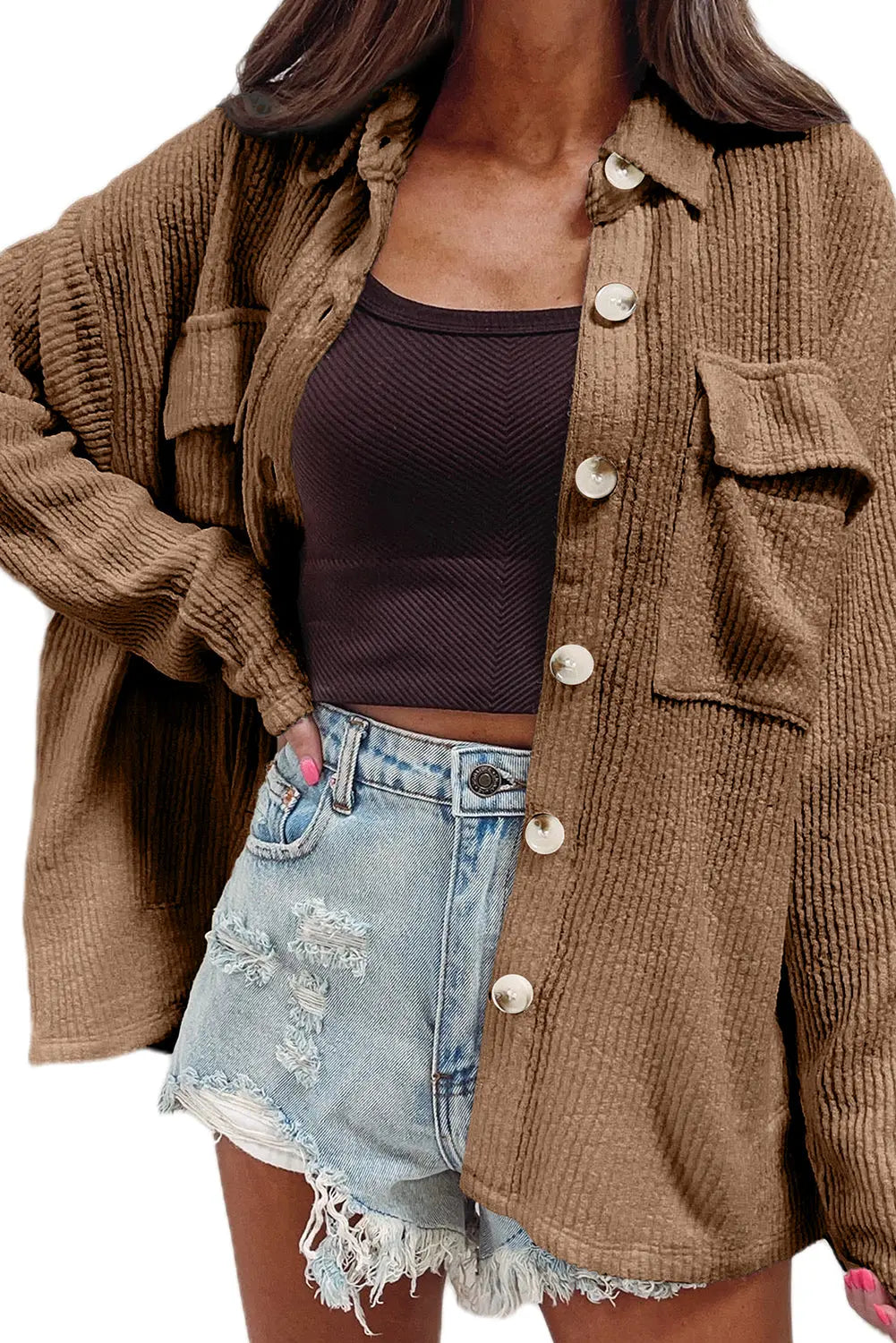 Black Solid Colour Corduroy Buttoned Long Sleeve Shacket Beagle Boutique Fashion Outlet