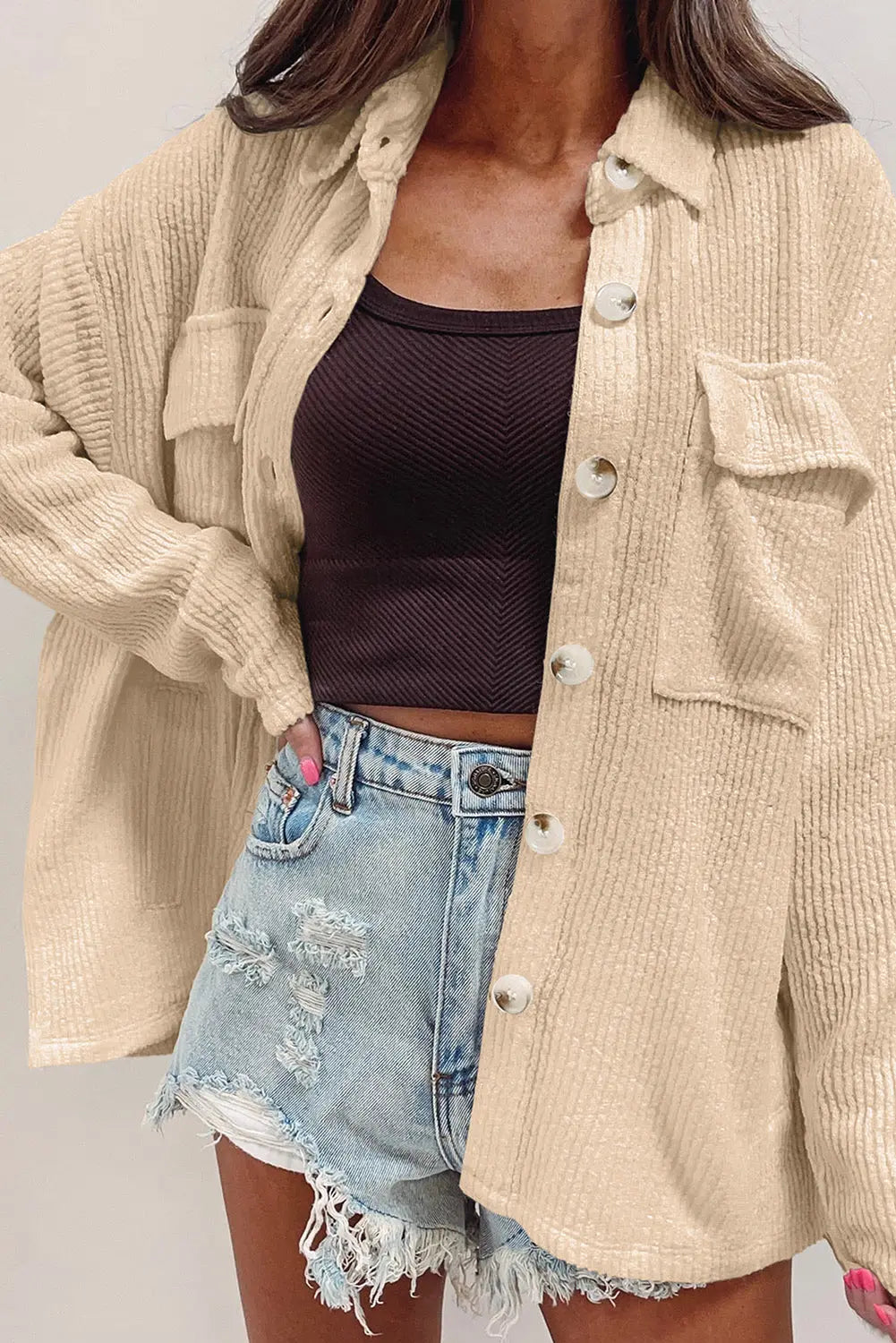 Black Solid Colour Corduroy Buttoned Long Sleeve Shacket Beagle Boutique Fashion Outlet