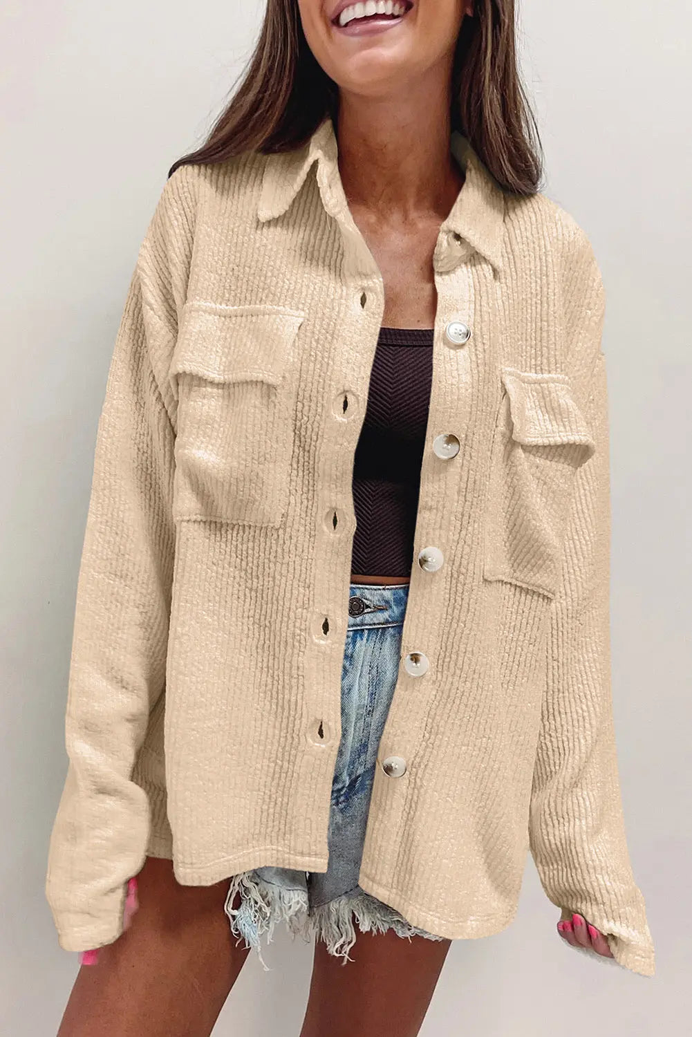 Black Solid Colour Corduroy Buttoned Long Sleeve Shacket Beagle Boutique Fashion Outlet