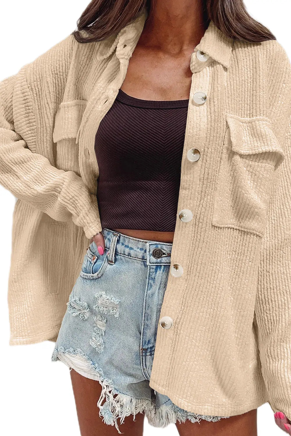 Black Solid Colour Corduroy Buttoned Long Sleeve Shacket Beagle Boutique Fashion Outlet