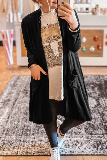 Black Solid Colour Open Front Cardigan with Pocket - BB Fashion Outlet