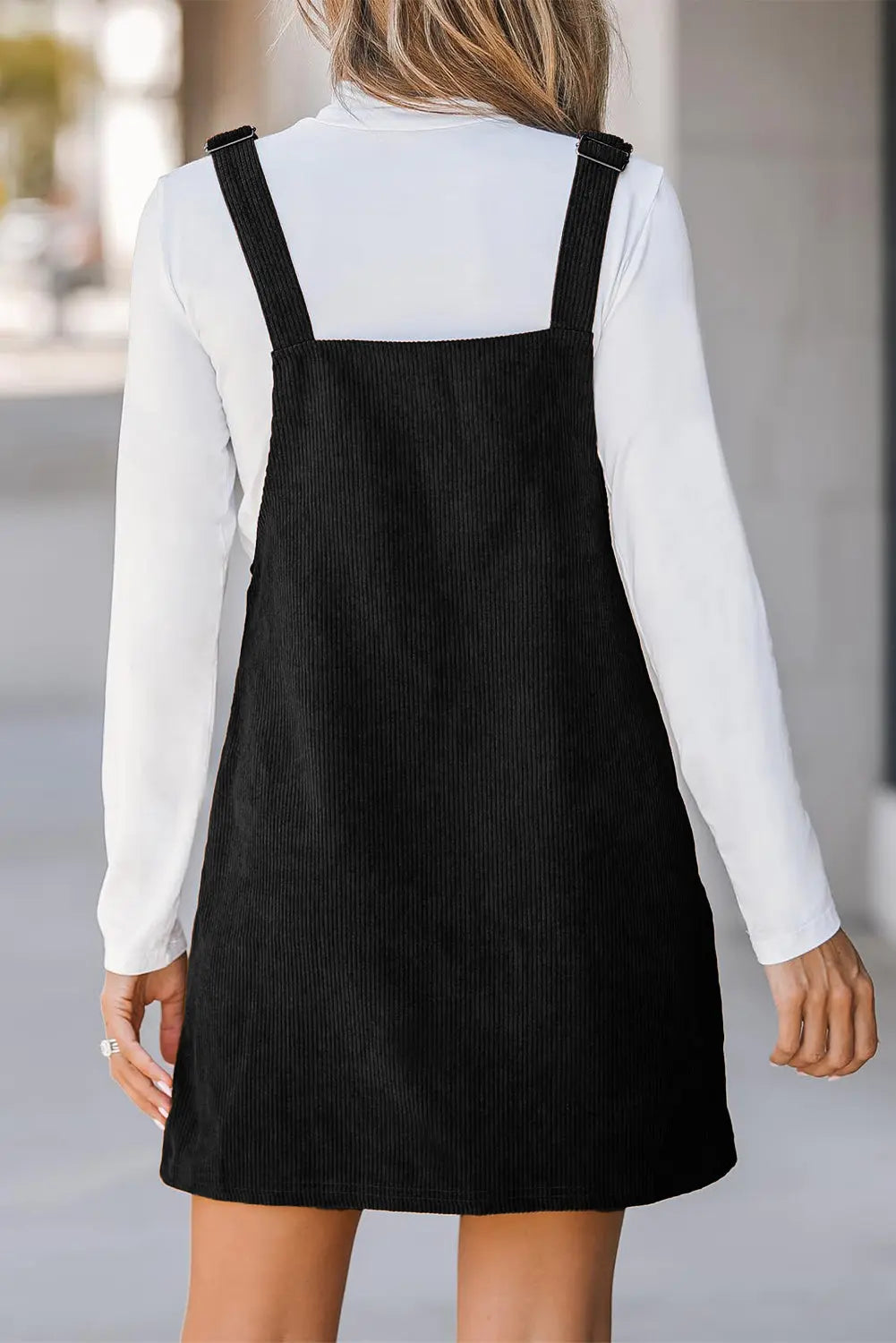 Black Solid Front Pockets Sleeveless Corduroy Overall Dress Beagle Boutique Fashion Outlet