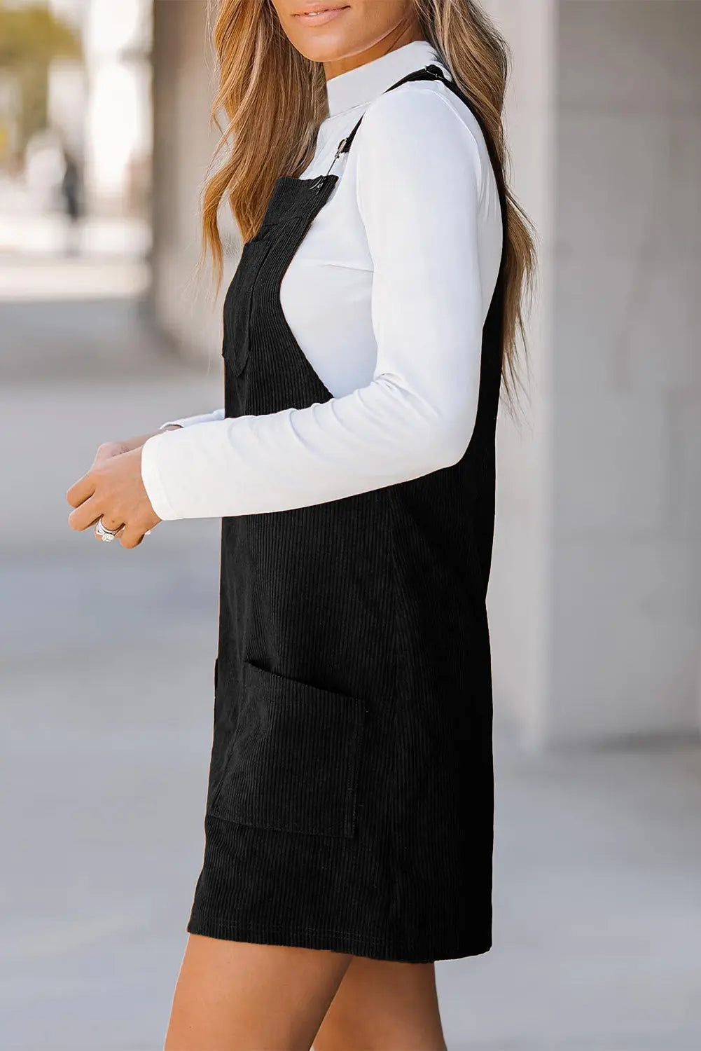 Black Solid Front Pockets Sleeveless Corduroy Overall Dress Beagle Boutique Fashion Outlet