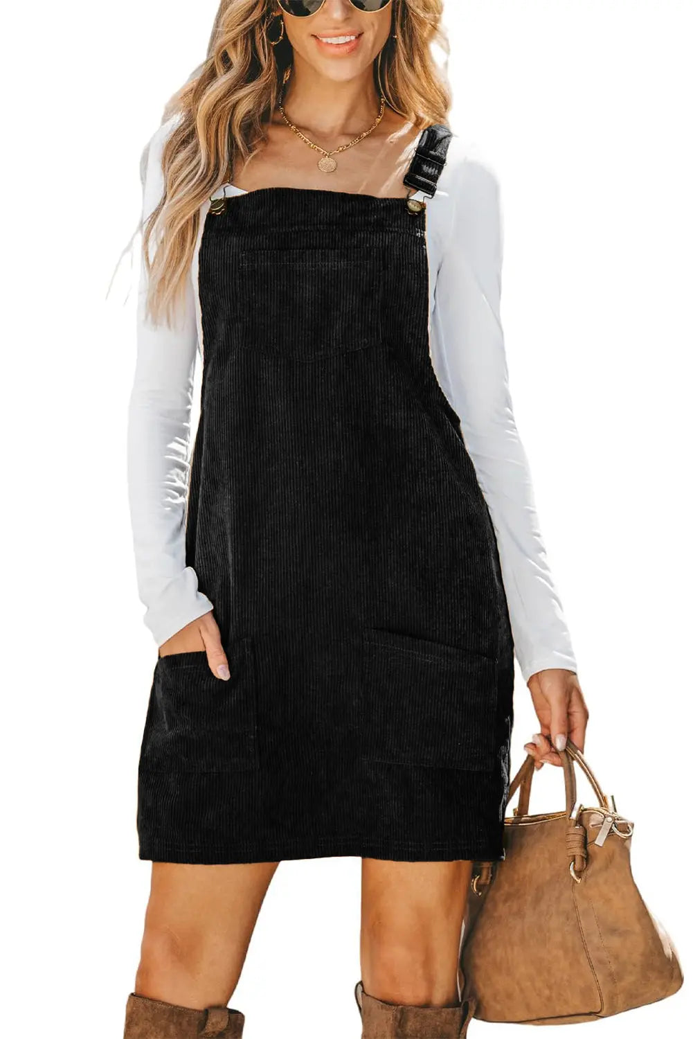 Black Solid Front Pockets Sleeveless Corduroy Overall Dress Beagle Boutique Fashion Outlet