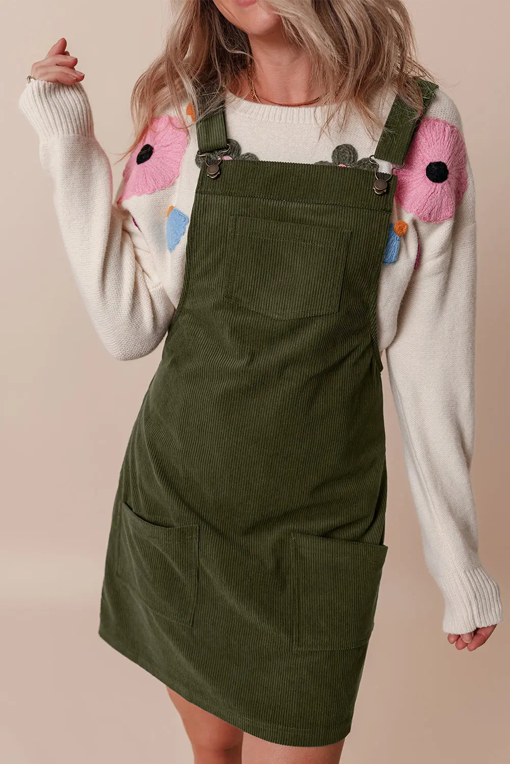 Black Solid Front Pockets Sleeveless Corduroy Overall Dress Beagle Boutique Fashion Outlet