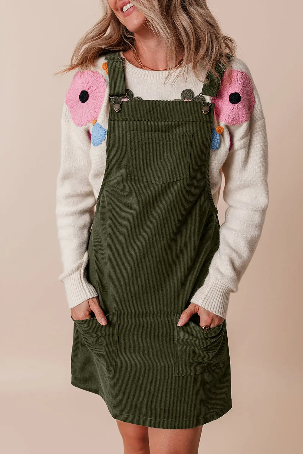 Black Solid Front Pockets Sleeveless Corduroy Overall Dress Beagle Boutique Fashion Outlet